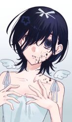  1girl absurdres alien_stage ametuji black_blood black_hair blood blood_on_face blood_on_shoulder blue_eyes colored_blood commentary_request dilated_pupils dress hair_ribbon highres medium_hair mini_wings official_alternate_costume parted_lips ribbon sleeveless sleeveless_dress solo sua_(alien_stage) white_dress white_ribbon white_wings wings 