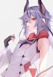  1other back_ribbon bare_shoulders black_streaks blue_hair braid bridal_gauntlets gloves headset highres hood hood_down horns long_hair looking_at_viewer meika_mikoto multicolored_hair neck_ribbon nihilist_(kekkonsinasai) open_mouth partially_fingerless_gloves pink_eyes red_hood red_ribbon ribbon shirt sidelocks single_bare_arm single_bridal_gauntlet single_glove single_sleeve single_wide_sleeve sleeveless sleeveless_shirt solo streaked_hair thick_eyebrows very_long_braid vocaloid white_background white_ribbon white_shirt 