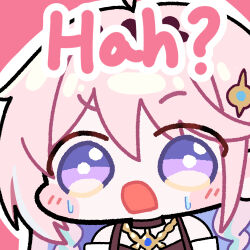  1girl chibi chibi_only colored_inner_hair commentary denia_(wuthering_waves) hair_ornament long_hair multicolored_hair open_mouth pink_background pink_hair purple_hair simple_background solo sticker_(medium) twomoon violet_eyes wuthering_waves 