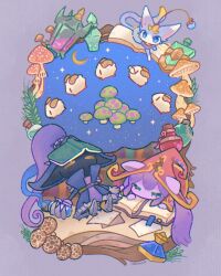  animal_ears blue_eyes book book_on_head cat cinamoncune crescent hat highres holding horns league_of_legends long_hair lulu_(league) mushroom object_on_head paper poro_(league) potion purple_hair sleeping star_(symbol) tail veigar_(league) yellow_eyes yordle yuumi_(league) 