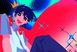  1boy black_eyes black_hair cape crown dpuuuuuuuuuuuu false_memory halo highres jacket looking_at_viewer male_focus mini_crown no_lineart open_mouth protagonist_halo red_cape short_sleeves shorts smile solo 