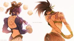  2girls akali_(league) back_tattoo black_hair braid english_text fingerless_gloves gloves goku_inu_go_kuken hair_ornament highres league_of_legends multiple_girls muscular muscular_female ponytail simple_background stretching tattoo toned toned_female twin_braids twitter_username white_background yunara_(league) 