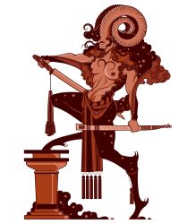  1boy aquiline_nose aries_(zodiac) curly_hair eyelashes from_side full_body greek_painting_style highres holding holding_sheath holding_sword holding_weapon horns iliothermia lips lipstick makeup male_focus nipples nose original pectorals personification satyr scabbard sheath sheep_boy sheep_horns solo standing sword tail weapon zodiac 