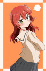  1girl absurdres angry black_skirt blush bocchi_the_rock! commentary cowboy_shot crossed_arms glaring green_eyes hair_between_eyes highres kita_ikuyo long_hair looking_at_viewer pleated_skirt pout red_hair school_uniform shuka_high_school_uniform sim_evo simple_background skirt solo v-shaped_eyebrows 