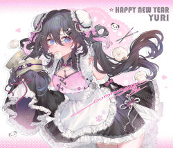  1girl animal animal_hands apron bead_necklace beads blue_eyes bow brown_hair chinese_knot chopsticks cleavage_cutout clothing_cutout commission cowboy_shot detached_sleeves dot_nose double_bun dress eyelashes flower_knot food food_in_mouth frilled_dress frills gem hair_between_eyes hair_bow hair_bun hair_intakes hair_ornament hair_ribbon hairclip happy_new_year heart highres jewelry lace_trim long_hair long_sleeves looking_to_the_side maid makeup mandarin_collar mihuashi_commission moriyama_meiko multicolored_hair necklace original panda panda_hair_ornament pearl pearl_hair_ornament pearl_necklace pink_bow pink_ribbon polka_dot ribbon rouge_(makeup) sidelocks signature sleeve_bow sleeves_past_fingers sleeves_past_wrists solo steamed_bun streaked_hair tassel twintails watermark white_apron wide_sleeves 