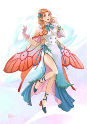  1girl ankle_strap annette_fantine_dominic bare_legs blue_bow blue_eyes bow breasts butterfly_wings capelet commentary dress english_commentary felia_hanakata fire_emblem fire_emblem:_three_houses flower full_body gloves hair_flower hair_ornament high_heels highres insect_wings long_dress long_legs medium_breasts multicolored_dress narrow_waist open_mouth orange_hair slim_legs teeth upper_teeth_only wings 