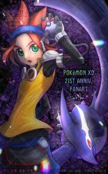  1boy :o anniversary artist_name black_shirt blue_hairband brown_hair commentary_request copyright_name english_commentary goggles goggles_around_neck green_eyes hairband holding holding_poke_ball jacket long_sleeves looking_at_viewer lugia male_focus michael_(pokemon) mixed-language_commentary open_mouth poke_ball poke_ball_(basic) pokemon pokemon_(creature) pokemon_xd sak-hi_(skh_anncmnt) shadow_lugia shirt sleeveless sleeveless_jacket snag_machine watermark yellow_jacket 