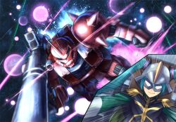  1girl aqua_hair bazooka_(gundam) chair char_aznable char_aznable_(cosplay) closed_mouth cockpit commentary_request cosplay crossover cut-in epaulettes explosion eye_mask eye_trail glowing glowing_eyes gun gundam hatsune_miku helmet holding holding_gun holding_weapon light_trail long_hair mask mecha military_uniform mobile_suit mobile_suit_gundam mobile_suit_gundam_the_origin on_chair one-eyed pilot_chair piloting pink_eyes radio_antenna robot science_fiction shingo_(picturepuzzle) shoulder_spikes smile space spikes thrusters twintails vocaloid weapon zaku_ii zaku_ii_s_char_custom zeon 