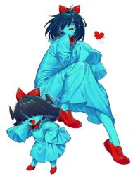  1girl 1other androgynous aqua_(deltarune) aqua_(deltarune)_(cosplay) aqua_dress aqua_skin black_hair blue_hair blue_skin bow colored_skin commentary cosplay covered_eyes deltarune dress english_commentary fang hair_bow head_bow heart kris_(dark_world)_(deltarune) kris_(deltarune) official_alternate_costume open_mouth red_bow red_shoes red_soul_(utdr) shoes short_hair simple_background sleeves_past_fingers sleeves_past_wrists smile soul_(character)_(deltarune) soul_(utdr) user_mnek7233 utdr_(toby_fox) white_background 