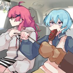  ... 2girls bang_dream! bang_dream!_yumemita blue_hair commentary corn_dog eating english_commentary food glasses hair_ornament highres jacket long_hair long_sleeves meat minetsuki_ritsu minetsuki_ritsu_(real) mole mole_under_eye multiple_girls red_eyes red_hair reference_inset samuperior sengoku_yuno sengoku_yuno_(real) short_hair violet_eyes x_hair_ornament zipper 