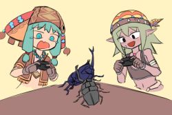  2girls blue_hair blush colored_skin green_hair highres multiple_girls pink_skin pirila_(sequel) pointy_ears rhinoceros_beetle robot sequel_(series) sequel_awake sequel_blight short_hair stag_beetle twintails uula_gelato vic99918250 