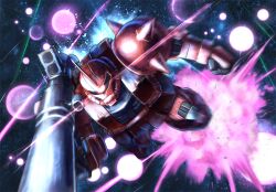  bazooka_(gundam) commentary_request explosion eye_trail glowing glowing_eyes gun gundam holding holding_gun holding_weapon light_trail mecha mobile_suit mobile_suit_gundam mobile_suit_gundam_the_origin no_humans one-eyed pink_eyes radio_antenna robot science_fiction shingo_(picturepuzzle) shoulder_spikes space spikes thrusters weapon zaku_ii zaku_ii_s_char_custom zeon 