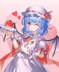  1girl :q absurdres ascot back_bow bat_wings blue_hair bow brooch cherry chinese_commentary closed_mouth collared_shirt commentary_request food frilled_shirt_collar frills fruit gan_cao_xuan_mi_su gelatin hat hat_ribbon heart heart_background highres holding holding_spoon jewelry looking_at_viewer medium_hair mob_cap one_eye_closed pink_background pink_hat pink_shirt pink_skirt plate puffy_short_sleeves puffy_sleeves red_ascot red_bow red_eyes red_wrist_cuffs remilia_scarlet ribbon shirt short_sleeves skirt skirt_set sleeve_bow smile solo spoon tongue tongue_out touhou wings wrist_cuffs 