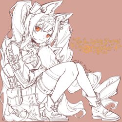  1girl angelina_(arknights) angelina_the_mellow_wish_(arknights) animal_ear_fluff animal_ears arknights boots brown_background brown_eyes chinese_commentary closed_mouth collar commentary_request detached_sleeves fox_ears fox_girl full_body hair_between_eyes hairband highres infection_monitor_(arknights) knees_up lineart long_hair long_sleeves looking_at_viewer monochrome simple_background sitting smile solo spot_color thigh-highs twintails very_long_hair yu_na_shenme_mizi 