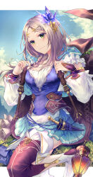  1girl absurdres atelier_(series) atelier_firis backpack bag belt blue_skirt braid breasts brown_bag brown_hair clouds commentary_request corset crystal_hair_ornament dagger detached_sleeves firis_mistlud frills glowing grass green_eyes hair_ornament highres holding_strap knife lantern light_blush light_smile looking_at_viewer medium_breasts medium_hair messy_hair miniskirt mo_jun_liang mountain oversized_backpack pleated_skirt side_braid skirt sky smile solo_focus utility_belt weapon 