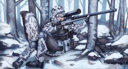  1girl absurdres animal_ears bendit camouflage footprints ghillie_suit gun highres holding holding_gun holding_weapon original rifle scope shoes sniper_rifle snow snow_leopard_ears snow_leopard_girl snow_leopard_tail snowing spotted_tail tail tree weapon winter winter_clothes 