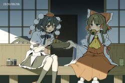  2girls ascot bird_wings black_hair black_skirt black_socks black_wings bow brown_eyes brown_hair camera commentary_request cup dated day detached_sleeves eating food frilled_bow frilled_hair_tubes frilled_skirt frills hair_bow hair_tubes hakurei_reimu hat kneehighs long_hair medium_hair mouth_hold multiple_girls open_mouth pointy_ears pom_pom_(clothes) puffy_short_sleeves puffy_sleeves red_bow red_eyes red_hat red_skirt ribbon-trimmed_sleeves ribbon_trim sakic43899 senbei shadow shameimaru_aya shirt short_sleeves shouji sitting skirt skirt_set sliding_doors smile socks tokin_hat touhou white_shirt wings yellow_ascot yunomi 