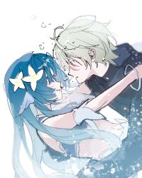  1boy 1girl absurdres ahoge air_bubble alyosha_(genshin_impact) bare_shoulders brace bubble commentary_request couple detached_sleeves dress fins flower frilled_dress frilled_sleeves frills from_side genshin_impact green_hair hair_flower hair_ornament head_fins hetero hh230466 highres hood hood_down korean_commentary leaning_back leaning_forward light_blush long_sleeves looking_at_another looking_down looking_up orange_eyes parted_lips shade shorts simple_background slavic_clothes stomach upper_body violet_eyes vodyanitsa_(genshin_impact) white_background wide_sleeves 