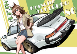  1girl absurdres animal_ears belt blue_eyes blue_shorts bow brown_belt brown_hair brown_jacket car character_name collarbone commentary_request green_bow hand_on_own_hip highres horse_ears horse_girl horse_tail jacket jewelry kaito_schumacher long_hair motor_vehicle mr._c.b._(casual)_(umamusume) mr._c.b._(umamusume) necklace porsche porsche_911 porsche_930 shorts sitting smile solo spoiler_(automobile) sports_car tail umamusume vehicle_focus vehicle_name very_long_hair white_car 