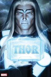  1boy blonde_hair blue_eyes character_name closed_mouth commentary english_commentary hammer highres holding holding_hammer lightning long_hair looking_at_viewer male_focus marvel mjolnir_(marvel) solo stanley_lau straight-on thor_(marvel) thor_(marvel)_(series) 