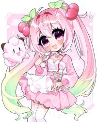  1girl :3 alternate_costume artist_name cherry_hair_ornament clefairy clouds crossover food-themed_hair_ornament gradient_hair green_hair grid_background hair_ornament hatsune_miku highres looking_at_viewer multicolored_hair pink_background pink_eyes pink_hair pink_nails pokemon pokemon_(creature) sakura_miku solo thigh-highs trytryagain vocaloid white_thighhighs 
