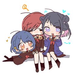  3girls black_hair black_socks blush_stickers brown_dress cardigan closed_eyes col_person colored_inner_hair commentary dress fang hasu_no_sora_106th_class hasu_no_sora_school_uniform heart highres kinjo_maika long_hair long_sleeves love_live! love_live!_hasu_no_sora_jogakuin_school_idol_club medium_hair multicolored_hair multiple_girls neckerchief open_cardigan open_clothes open_mouth pink_hair puff_of_air purple_cardigan red_hair red_neckerchief reisawa_aoi sailor_collar sailor_dress school_uniform shinowa_mion single_blush_sticker skin_fang socks squiggle sweatdrop untranslatable_commentary v white_sailor_collar winter_uniform 