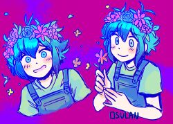  1boy antenna_hair artist_name basil_(headspace)_(omori) basil_(omori) blue_overalls blush closed_mouth colored_skin commentary double-parted_bangs flower flower_wreath green_eyes green_hair green_shirt hair_between_eyes head_wreath highres holding holding_flower looking_at_viewer male_focus omori open_mouth osulan overalls shirt short_hair short_sleeves sidelocks smile solo t-shirt white_skin 