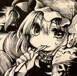  1girl cherry commentary_request food fox_tail fruit greyscale hanabi_(karintou15) hat highres holding holding_spoon looking_at_viewer mob_cap monochrome multiple_tails shaved_ice short_hair solo spoon tail touhou upper_body utensil_in_mouth yakumo_ran 