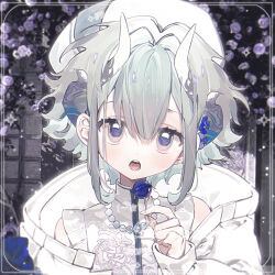  1girl a_su_ai_chi_kaoji_tui candy commission dragon_print food frills grey_eyes grey_hair grey_horns hair_between_eyes hat highres holding holding_candy holding_food holding_lollipop horns jacket lollipop long_sleeves mihuashi_commission multicolored_horns open_mouth original portrait shirt short_hair sleeveless sleeveless_shirt solo white_hat white_horns white_jacket white_shirt 