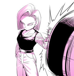  amayuki318 android android_18 belt black_shirt breasts collarbone commentary_request denim dragon_ball dragon_ball_z earrings hair_behind_ear hand_in_pocket highres jeans jewelry long_sleeves looking_to_the_side medium_breasts pants parted_hair partially_colored punching shirt short_hair simple_background striped_sleeves white_background white_sleeves 
