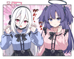  2girls black_hairband black_halo black_skirt blue_archive blue_eyes blue_shirt blush border bow breasts buckle claw_pose commentary double-parted_bangs emphasis_lines frilled_shirt frills hair_between_eyes hairband halo hands_up heart heart-shaped_buckle heart_o-ring high-waist_skirt highres jirai_kei kei_(blue_archive) long_hair long_hair_between_eyes long_sleeves looking_at_viewer mechanical_halo mouth_mask_under_chin multiple_girls nail_polish o-ring open_mouth pink_background pink_eyes pink_halo pink_shirt purple_hair rectangular_halo ringed_eyes rioshi shirt skirt sound_effect_request two_side_up upper_body violet_eyes white_border white_hair yuuka_(blue_archive) 