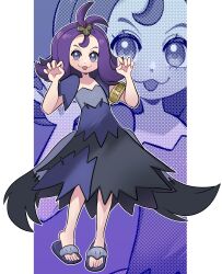  1girl :3 acerola_(pokemon) armlet blue_eyes blush claw_pose dress flipped_hair hair_ornament highres jewelry looking_at_viewer missandydandy multicolored_dress open_mouth pokemon pokemon_sun_and_moon purple_hair purple_sandals sandals short_hair short_sleeves smile stitches topknot torn_clothes torn_dress violet_eyes zoom_layer 