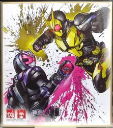  2boys antennae armored_bodysuit clenched_hands commentary_request compound_eyes hiden_zero-one_driver kamen_rider kamen_rider_01_(series) kamen_rider_zero-one kamen_rider_zero-one_(rising_hopper) kamen_rider_zi-o kamen_rider_zi-o_(series) kuchibiru_keisuke looking_at_another male_focus multiple_boys official_art rider_belt tokusatsu traditional_media ziku-driver 