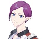  1girl alternate_hair_length alternate_hairstyle blue_eyes earrings hair_behind_ear highres jacket jewelry looking_to_the_side macross macross_delta mirage_farina_jenius mosako parted_lips pointy_ears portrait short_hair smile solo white_background white_jacket 