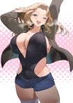  1girl bangs blonde_hair blue_eyes blush breasts forehead girls_und_panzer hair_intakes ikuchan_kaoru jacket kay_(girls_und_panzer) large_breasts long_hair looking_at_viewer one_eye_closed open_clothes open_jacket open_mouth parted_bangs revision smile solo 