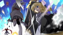  1boy 2girls antenna_hair backlighting black_skirt blonde_hair blue_eyes braid braided_ponytail commentary_request convenient_leg crowbar cthugha_(nyaruko-san) energy floating_hair foreshortening from_behind grey_hair grey_jacket haiyore!_nyaruko-san hastur_(nyaruko-san) holding holding_crowbar jacket long_hair long_sleeves low_ponytail miniskirt multiple_girls nyarlathotep_(nyaruko-san) open_mouth perspective plaid_clothes plaid_skirt pleated_skirt ponytail red_hair running school_uniform shoe_soles sitting skirt standing standing_on_one_leg thigh-highs twintails very_long_hair white_thighhighs yuto_(dialique) zettai_ryouiki 