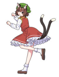  1girl :3 absurdres animal_ear_fluff animal_ears brown_eyes brown_hair brown_shoes cat_ears cat_tail chen commentary_request earrings frilled_skirt frills full_body green_hat hair_between_eyes hat highres jewelry leg_up long_sleeves looking_at_viewer mary_janes mob_cap multiple_tails nekomata nnn_lu one-hour_drawing_challenge open_mouth paw_pose red_skirt red_vest shirt shoes short_hair single_earring skirt smile socks solo tail touhou two_tails vest white_shirt white_socks 
