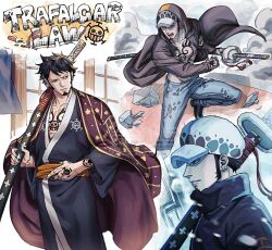  1boy black_coat black_hair black_kimono blue_pants character_name chest_tattoo closed_mouth coat collarbone commentary denim earrings facial_hair hand_tattoo hat heart_pirates_jolly_roger highres holding holding_sheath hood hooded_coat japanese_clothes jeans jewelry kimono long_sleeves male_focus multiple_views one_piece orange_sash pants parted_lips pur_ple02imo sheath short_hair sword tattoo trafalgar_law untranslatable_commentary weapon white_hat 