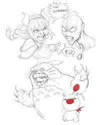  1boy 1girl angry beads character_request claws commentary copyright_request dragon_girl dragon_horns english_commentary highres horns kanna_kamui kobayashi-san_chi_no_maidragon lineart long_hair low-tied_long_hair monochrome pointing saliva sketch speech_bubble stanley_lau teeth tonari_no_totoro totoro ultra_series ultraman ultraman_(1st_series) veins whiskers 