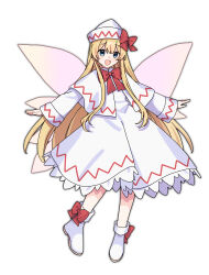  1girl absurdres blonde_hair blue_eyes boots bow bowtie capelet commentary_request dress fairy fairy_wings footwear_bow hat hat_bow highres lily_white long_hair long_sleeves looking_at_viewer nnn_lu one-hour_drawing_challenge open_mouth outstretched_arms red_bow red_bowtie simple_background smile solo spread_arms touhou very_long_hair white_background white_boots white_capelet white_dress white_hat wide_sleeves wings 