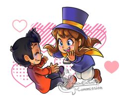  1boy 1girl a_hat_in_time ankle_boots black_hair blue_eyes blue_pants blush boots brown_boots brown_hair cape child closed_eyes commentary commission english_commentary facial_mark facing_another hat hat_kid hat_ribbon heart highres jacket long_sleeves looking_at_another medium_hair official_style open_hands open_mouth pants ponytail purple_hat purple_jacket red_jacket red_shoes ribbon shoes short_hair sidelocks signature smile snoweater teeth timmy_(a_hat_in_time) top_hat upper_teeth_only watermark white_background white_pants yellow_cape yellow_ribbon zipper_pull_tab 