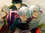  4boys bangs black_hair black_sweater blunt_bangs book character_request couch eyebrows_visible_through_hair eyepatch gender_request green_eyes grey_background grey_eyes highres holding holding_book kaneki_ken kyuuba_melo long_sleeves looking_at_viewer multiple_boys open_book playing_with_another&#039;s_hair shiny shiny_hair short_hair sitting smile sweater tokyo_ghoul ui_koori 