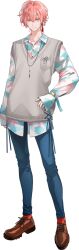  1boy belt blue_pants blue_ribbon blue_shirt breast_pocket brooch brown_shoes cross-laced_slit earrings full_body grey_sweater_vest grey_vest hair_between_eyes hand_on_own_hip jewelry koujisako layered_clothes long_sleeves male_focus multicolored_shirt necklace official_art pants patterned_clothing pink_hair pink_shirt pocket red_socks ribbon shirt shoes short_hair silver_necklace single_earring sleeve_belt smile socks spots strange_eden sweater_vest tassel tassel_earrings third-party_source v-neck vest white_shirt yellow_eyes yurano_senri_(strange_eden) 