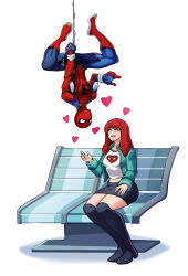  1boy 1girl absurdres alex_dos_diaz bench bodysuit commentary couple english_commentary heart highres jacket light_blush looking_at_another marvel marvel_tokon:_fighting_souls mary_jane_watson mask midriff miniskirt red_hair silk sitting skirt spider-man spider-man_(series) spider_web spider_web_print superhero_costume talking thigh-highs upside-down 