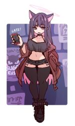  1girl absurdres alternate_breast_size_(larger) alternate_hair_length_(longer) animal_ears black_hair black_thighhighs blue_archive blue_shorts breasts cat_ears cat_girl cellphone choker colored_inner_animal_ears colored_inner_hair crop_top denim denim_shorts extra_ears halo highres kazusa_(blue_archive) large_breasts mabufuyo multicolored_hair phone pink_hair pink_halo short_hair short_shorts shorts smartphone studded_choker studs thick_thighs thigh-highs thighs two-tone_hair zettai_ryouiki 