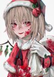  1girl alternate_costume bag blonde_hair blood blurry blush capelet crystal depth_of_field flandre_scarlet fur_trim hair_between_eyes hat highres holding holding_bag red_eyes rin_(rin7kan7) santa_hat simple_background solo touhou upper_body white_background wings 