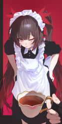  1boy 1girl absurdres apron berserker_r black_dress black_gloves brown_hair caelus_(honkai:_star_rail) chinese_commentary commentary_request dress fingerless_gloves gloves highres honkai:_star_rail honkai_(series) long_hair maid maid_apron maid_headdress pov pov_hands red_background sparkle_(honkai:_star_rail) trailblazer_(honkai:_star_rail) twintails very_long_hair violet_eyes white_apron 