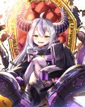  1girl absurdres ahoge black_footwear boots crossed_legs demon_girl highres hololive horns huge_horns la+_darknesss long_hair looking_at_viewer multicolored_hair open_mouth purple_hair silver_hair single_thighhigh sitting sleeves_past_fingers sleeves_past_wrists slit_pupils solo streaked_hair striped_horns thigh-highs throne u_da_desu very_long_hair virtual_youtuber yellow_eyes 