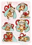  1girl 2022 :3 :d animal_costume animal_ears animal_hands animal_print aqua_hair blush_stickers chibi chinese_zodiac curled_up fangs from_behind hatsune_miku long_hair lying multiple_views on_back open_mouth orange_fur paw_print pink_background red_ribbon ribbon sanpati sleeping smile solid_oval_eyes striped_fur tail tiger_costume tiger_ears tiger_paws tiger_print tiger_tail translation_request twintails very_long_hair vocaloid year_of_the_tiger 