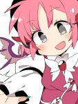  1girl :d animal_ears bangs bird_ears eyebrows_visible_through_hair fang fingernails green_nails grey_eyes ini_(inunabe00) juliet_sleeves long_fingernails long_sleeves looking_at_viewer mystia_lorelei open_mouth pink_hair puffy_sleeves simple_background smile solo touhou upper_body white_background 